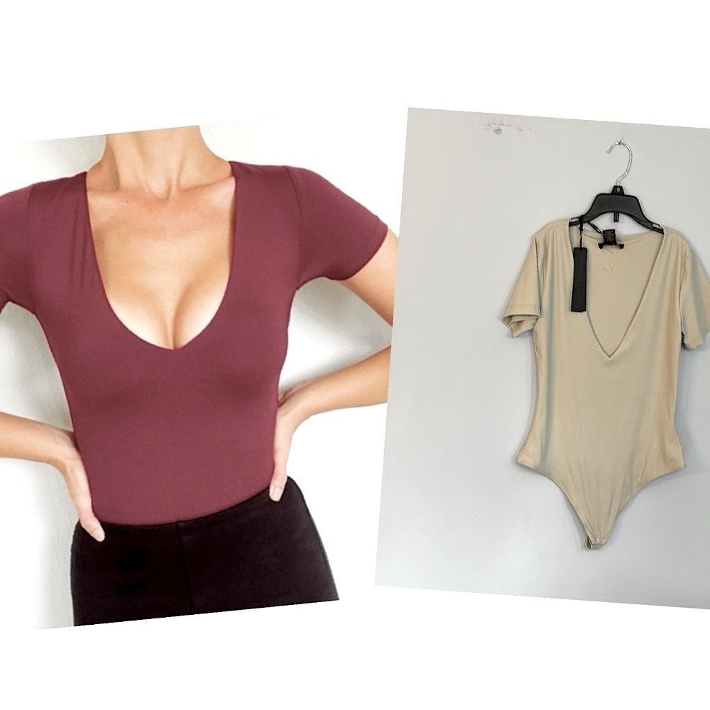 House of Harlow 1960 Women's Deep V-Neck Ribbed Beige Thong Boho Bodysuit Size M